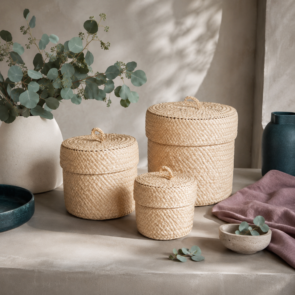 Blonde small storage basket set displayed in the CDD botanical studio with eucalyptus, mauve linen, dark teal ceramics, and natural stone styling. — for Carpe Diem Dream