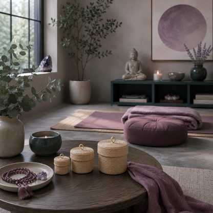 Blonde small storage basket set styled as tiny lidded organizers in a serene meditation room with mauve textiles and calming ritual accents. — for Carpe Diem Dream