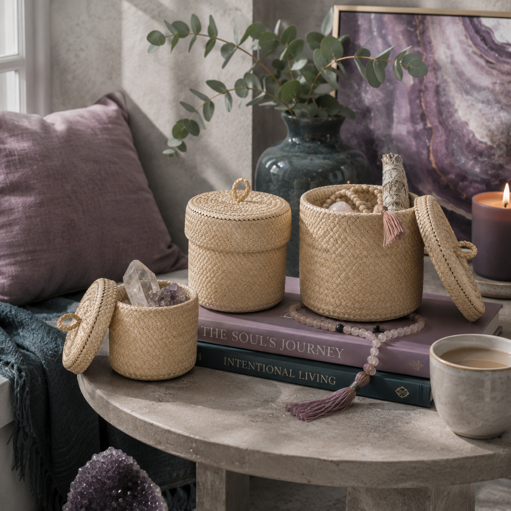 Set of three blonde handwoven pandanus leaf storage baskets styled with crystals, books, eucalyptus, and a candle on a round stone table in a serene meditation-inspired interior. — for Carpe Diem Dream