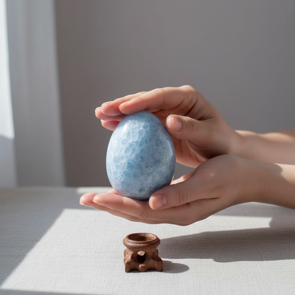 Hands holding a polished blue celestite crystal egg above its wooden stand on a soft neutral surface with natural light. — for Carpe Diem Dream