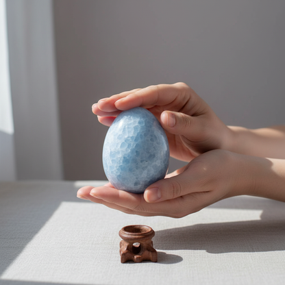 Hands holding a polished blue celestite crystal egg above its wooden stand on a soft neutral surface with natural light. — for Carpe Diem Dream
