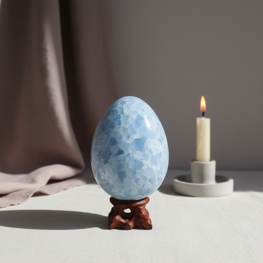 A polished blue celestite crystal egg on a wooden stand displayed on soft fabric beside a lit candle, creating a calm and mindful lifestyle setting. — for Carpe Diem Dream