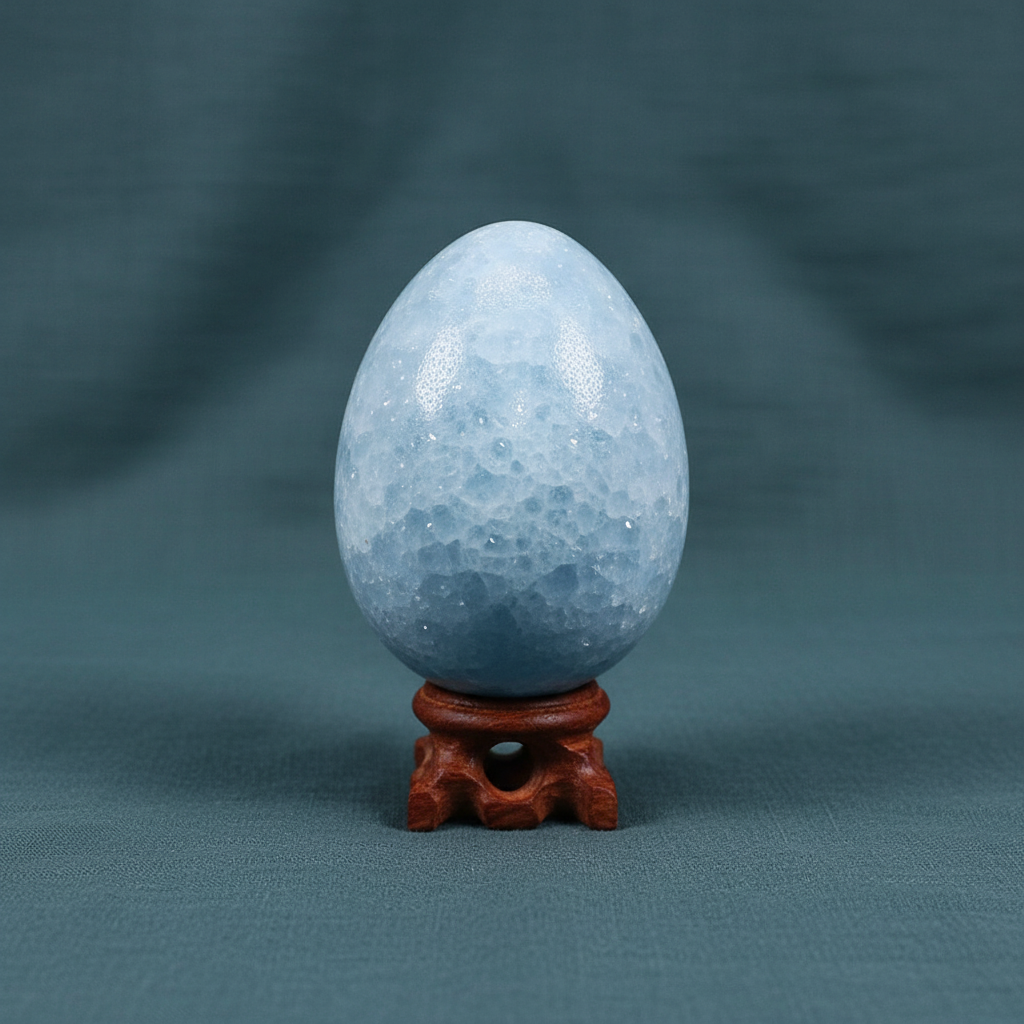 A polished blue celestite crystal egg displayed upright on a small wooden stand against a muted teal linen background with soft directional lighting. — for Carpe Diem Dream