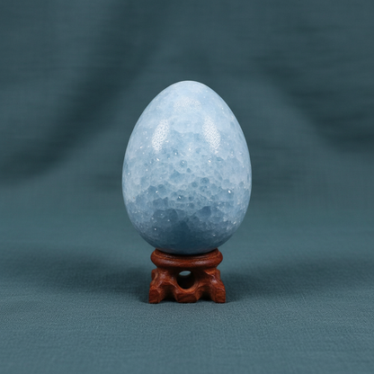 A polished blue celestite crystal egg displayed upright on a small wooden stand against a muted teal linen background with soft directional lighting. — for Carpe Diem Dream