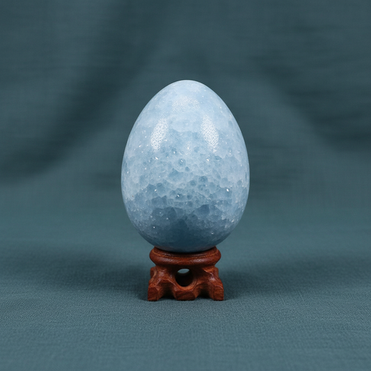A polished blue celestite crystal egg displayed upright on a small wooden stand against a muted teal linen background with soft directional lighting. — for Carpe Diem Dream