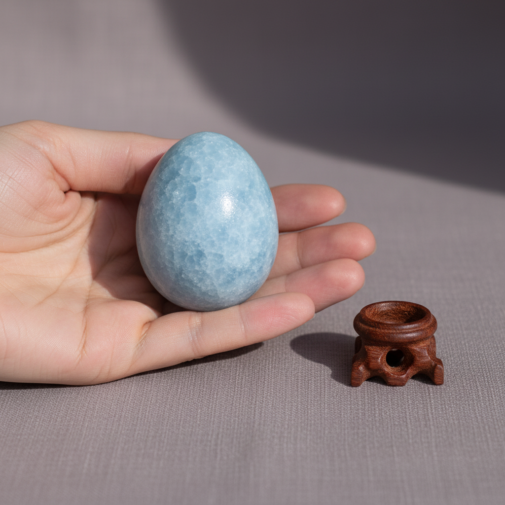 A polished blue celestite crystal egg held in a hand to show size with its wooden stand placed beside it on a neutral surface with soft lighting. — for Carpe Diem Dream