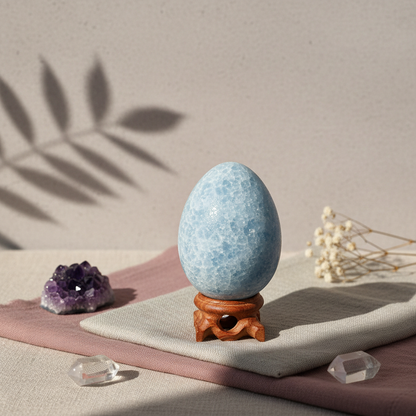 A polished blue celestite crystal egg on a carved wooden stand displayed on layered linen fabric with an amethyst cluster, clear quartz pieces, and soft botanical shadow on a neutral textured wall. — for Carpe Diem Dream
