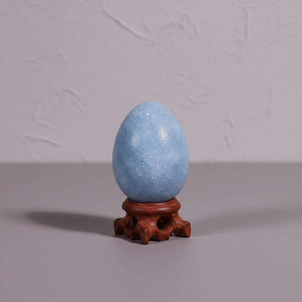 A polished blue celestite crystal egg on a carved wooden stand displayed against a neutral textured wall with soft studio lighting and minimal styling. — for Carpe Diem Dream