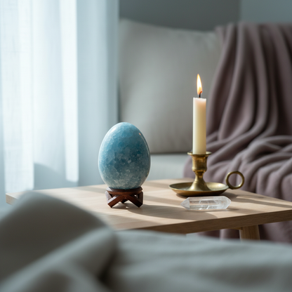 A polished blue celestite crystal egg on a wooden stand displayed on a small table beside a lit candle and soft textiles in a calm home setting. — for Carpe Diem Dream