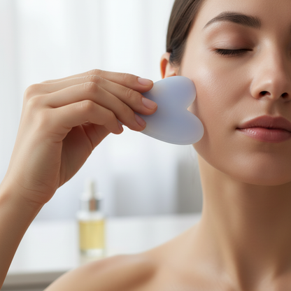 A woman gently using a blue chalcedony gua sha facial tool on her cheek with eyes closed in a calm skincare setting. — for Carpe Diem Dream