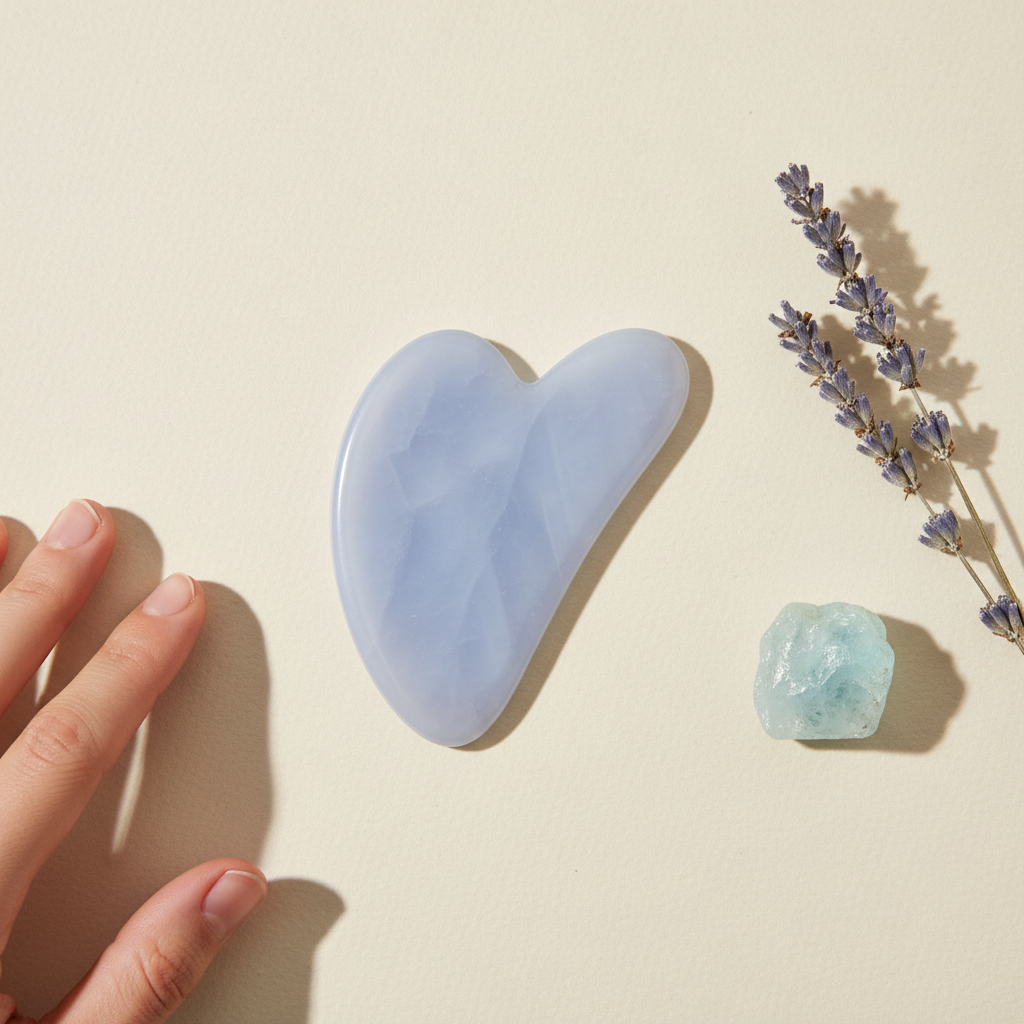 A hand placed beside a blue chalcedony gua sha facial tool on a neutral surface with a small stone and botanical accent in soft natural light. — for Carpe Diem Dream