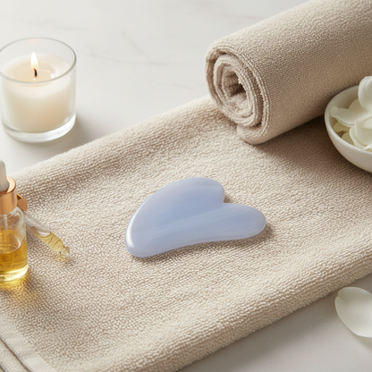 A blue chalcedony gua sha facial tool resting on folded towels beside a candle and skincare oil on a soft neutral surface in natural light. — for Carpe Diem Dream