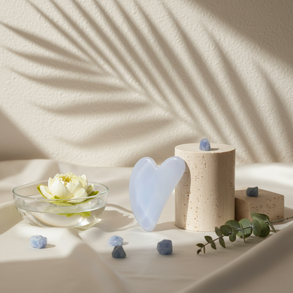 A blue chalcedony gua sha facial tool displayed on a soft neutral surface with a glass bowl, small blue stones, and botanical shadows in natural light. — for Carpe Diem Dream