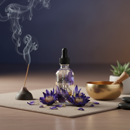 Blue Lotus Ritual Body Oil bottle surrounded by blue lotus flowers, incense smoke, and a singing bowl in a peaceful meditation setting. — for Carpe Diem Dream