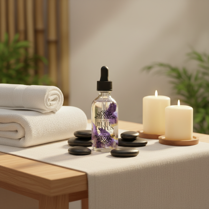 Blue Lotus Ritual Body Oil bottle placed among candles, stacked towels, and spa stones in a calming spa setting. — for Carpe Diem Dream
