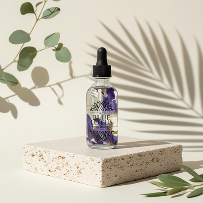 Blue Lotus Ritual Body Oil bottle displayed on a travertine pedestal with botanical shadows and eucalyptus leaves. — for Carpe Diem Dream