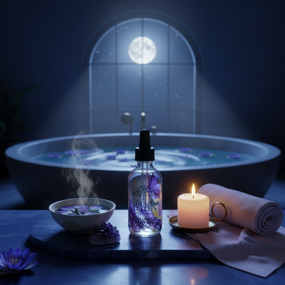Blue Lotus Ritual Body Oil bottle displayed beside a candle and incense in a moonlit bath ritual scene. — for Carpe Diem Dream