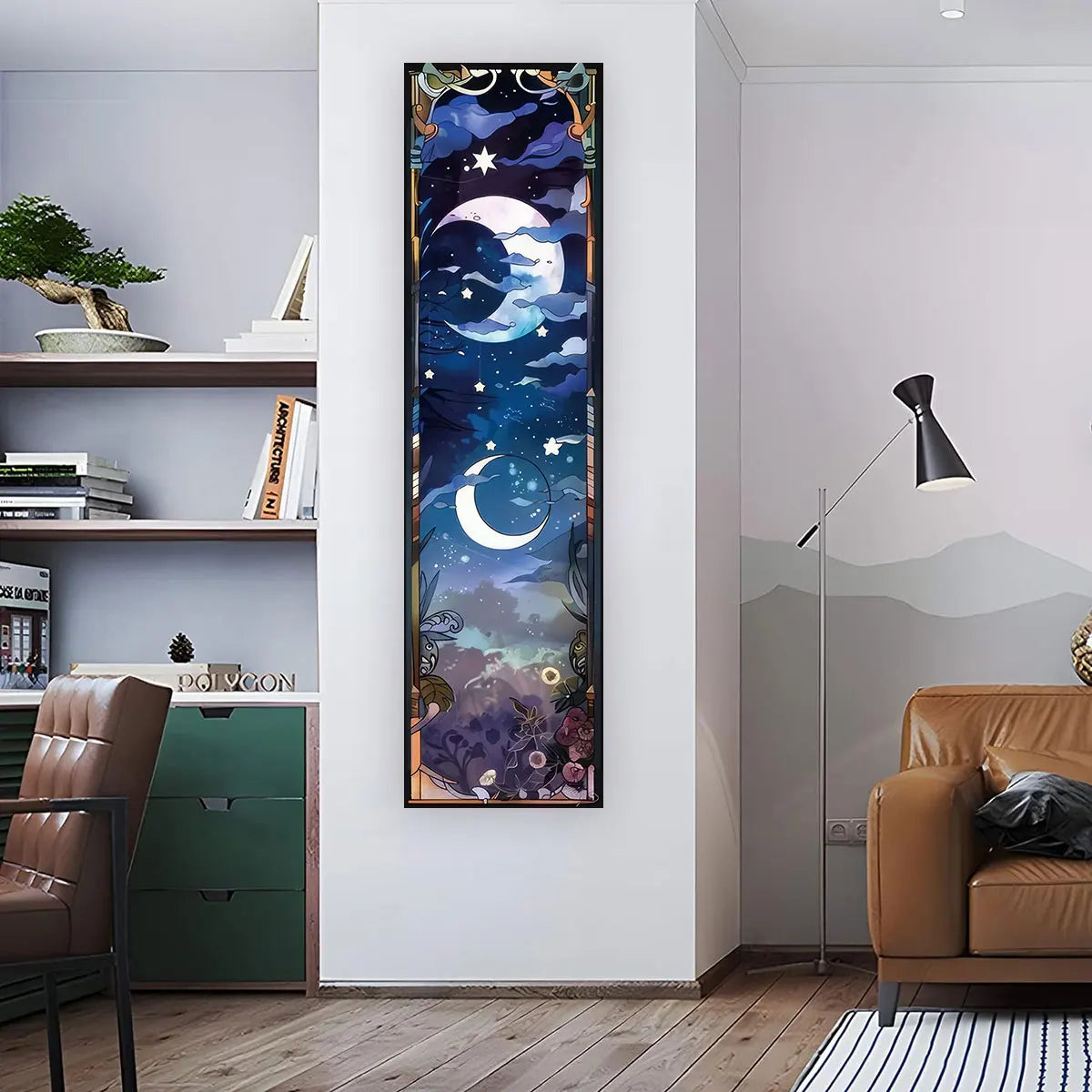 Blue moon celestial banner tapestry displayed vertically on a living room wall beside a chair and shelving, showing full length and real placement in a modern interior space. — for Carpe Diem Dream