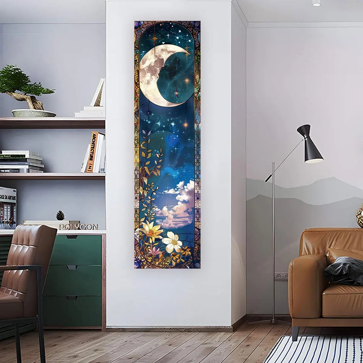 Blue moon floral banner tapestry displayed vertically on a living room wall beside a chair and shelving, showing full length and real placement in a modern interior space. — for Carpe Diem Dream