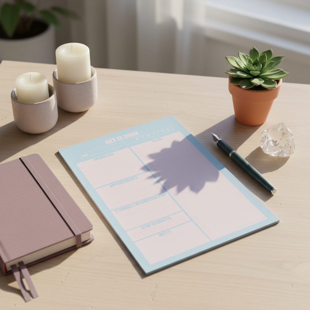 Blue and pink 7x10 daily planner notepad styled on a light wood desk beside candles, a journal, succulent, and clear quartz crystal in soft morning light — for Carpe Diem Dream