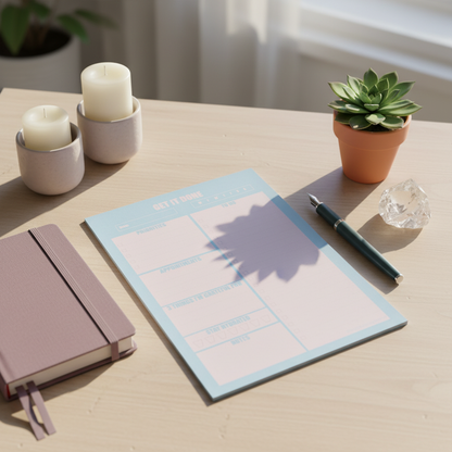 Blue and pink 7x10 daily planner notepad styled on a light wood desk beside candles, a journal, succulent, and clear quartz crystal in soft morning light — for Carpe Diem Dream