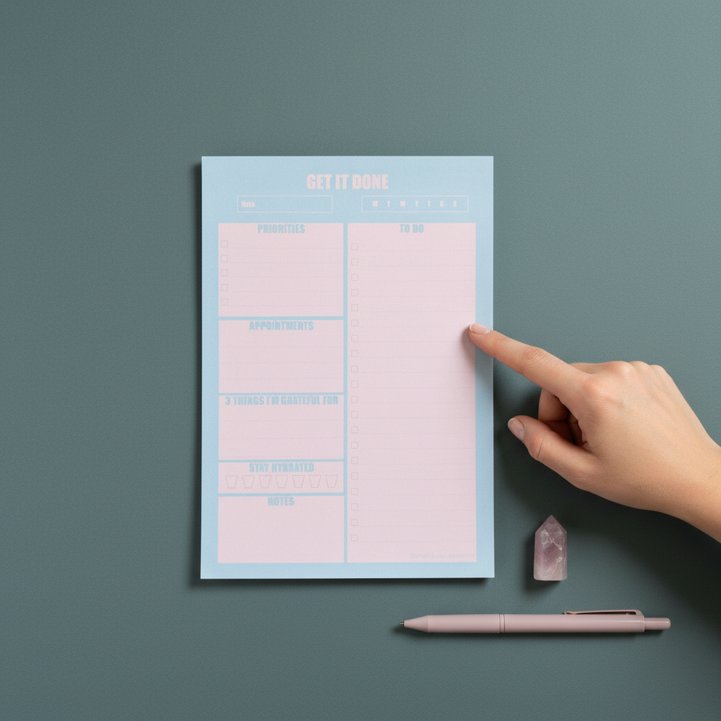Blue and pink 7x10 daily planner notepad shown with a hand for size reference on a muted teal background with a pen and rose quartz crystal — for Carpe Diem Dream
