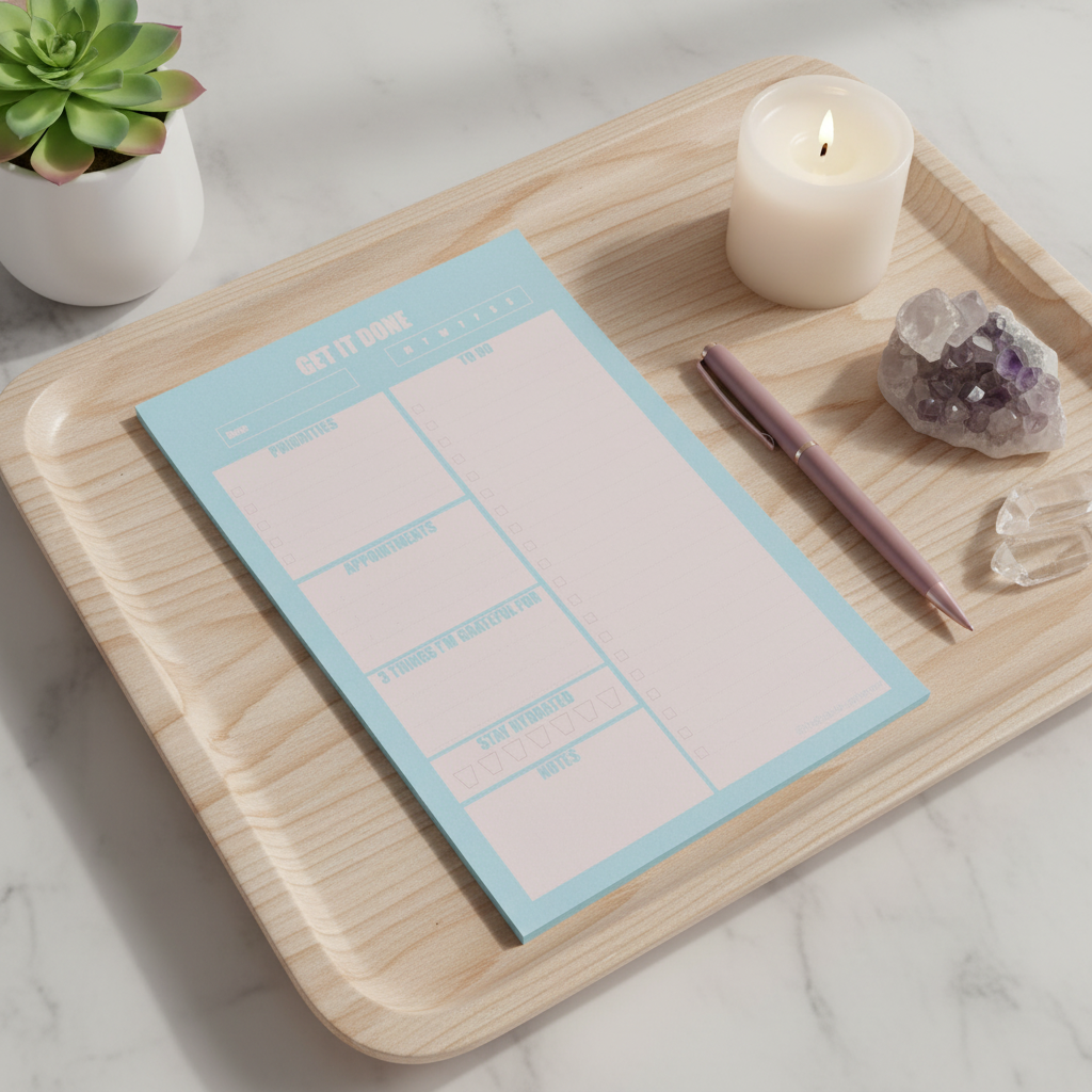 Blue and pink 7x10 daily planner notepad styled on a wooden tray with a candle, amethyst cluster, clear quartz, and pen in soft natural light — for Carpe Diem Dream