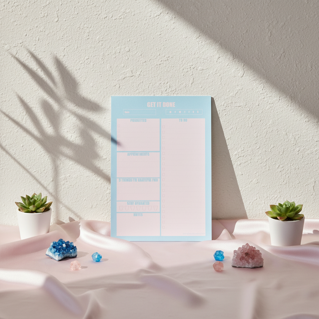 Blue and pink 7x10 daily planner notepad styled upright on blush fabric with crystals and small plants in soft natural light — for Carpe Diem Dream