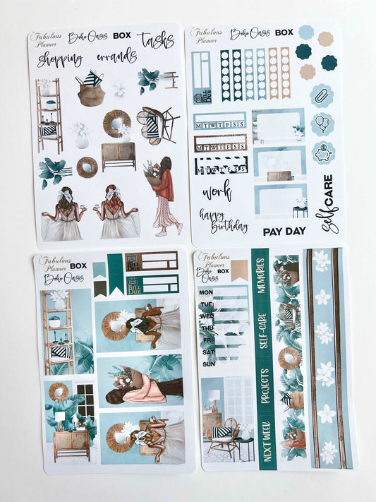 Four 4x6 boho girls planner sticker sheets featuring fashion illustrations and decorative planning elements arranged on a white background. — for Carpe Diem Drea