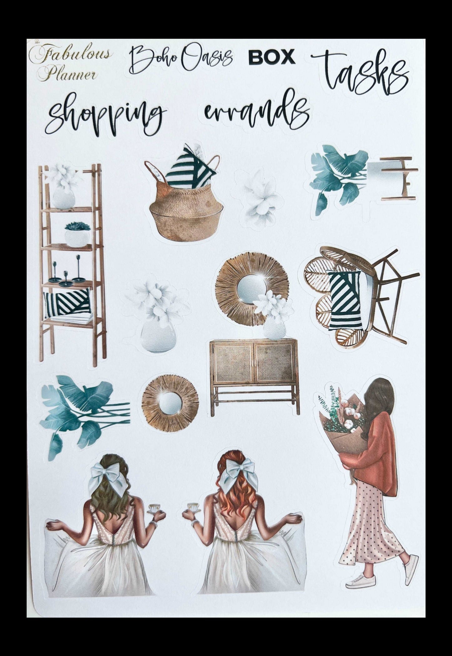 4x6 boho girls planner sticker sheet featuring fashion illustrations, decorative home accents, and scripted planning labels on a white background. — for Carpe Diem Dream