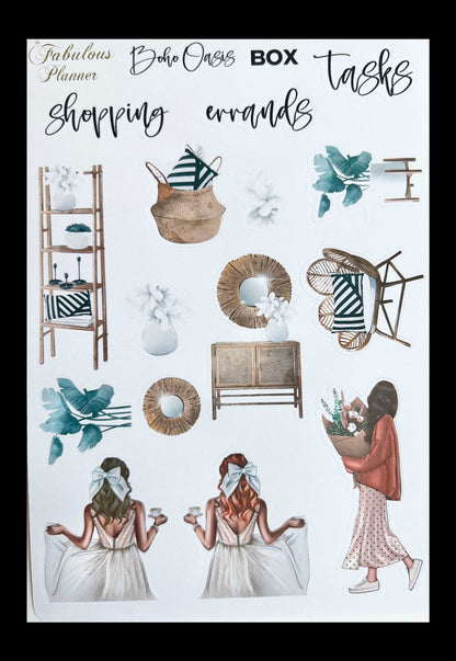 4x6 boho girls planner sticker sheet featuring fashion illustrations, decorative home accents, and scripted planning labels on a white background. — for Carpe Diem Dream