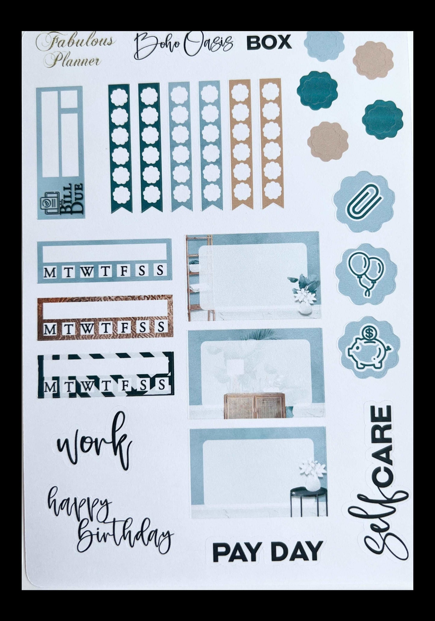 4x6 boho girls planner sticker sheet featuring weekly headers, decorative labels, banners, and scripted planning words on a white background. — for Carpe Diem Dream