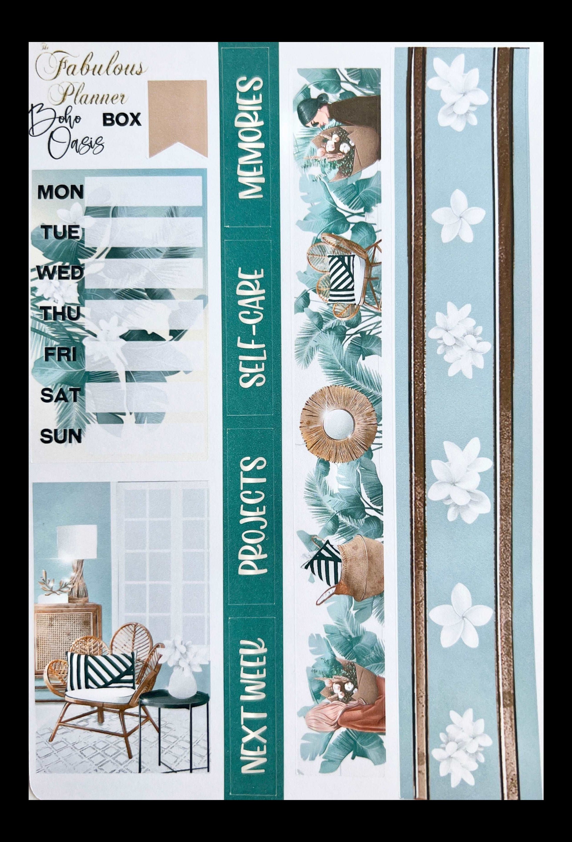 4x6 boho girls planner sticker sheet featuring vertical weekly sidebar labels, self-care and projects headers, decorative strips, and teal botanical accents on a white background. — for Carpe Diem Dream