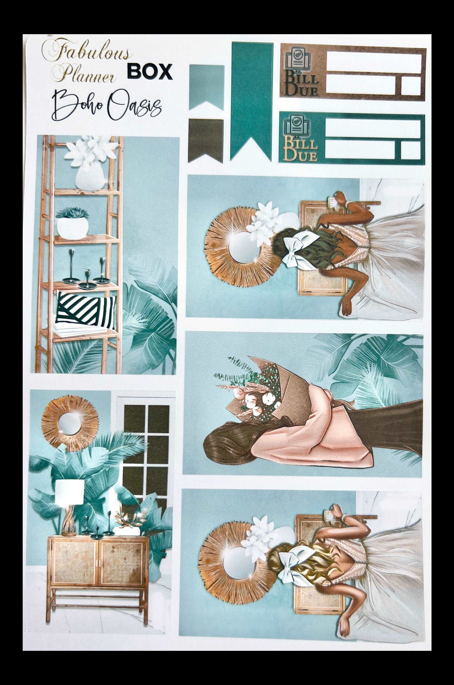 4x6 boho girls planner sticker sheet featuring full decorative boxes with fashion illustrations, teal botanical accents, and home decor scenes on a white background. — for Carpe Diem Dream