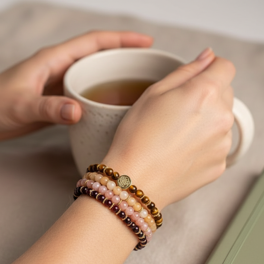 Gemstone bracelet stack worn on wrist while holding a ceramic tea cup in a soft neutral setting. — for Carpe Diem Dream