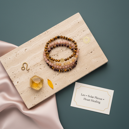 Gemstone bracelet set displayed on travertine slab with citrine crystal, gold Leo symbol, and affirmation card atop pink silk and sage backdrop. — for Carpe Diem Dream