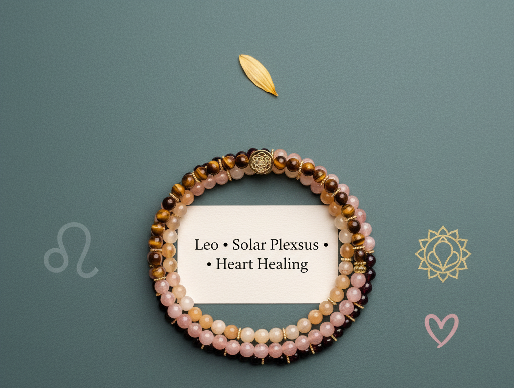 Flat-lay of gemstone bracelet set arranged in a circle with Leo, heart, and chakra symbols against a muted sage backdrop. — for Carpe Diem Dream