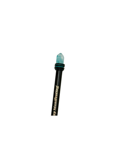 Black metallic Busy Manifesting crystal mystic pen with blue faux crystal top on white background — for Carpe Diem Dream
