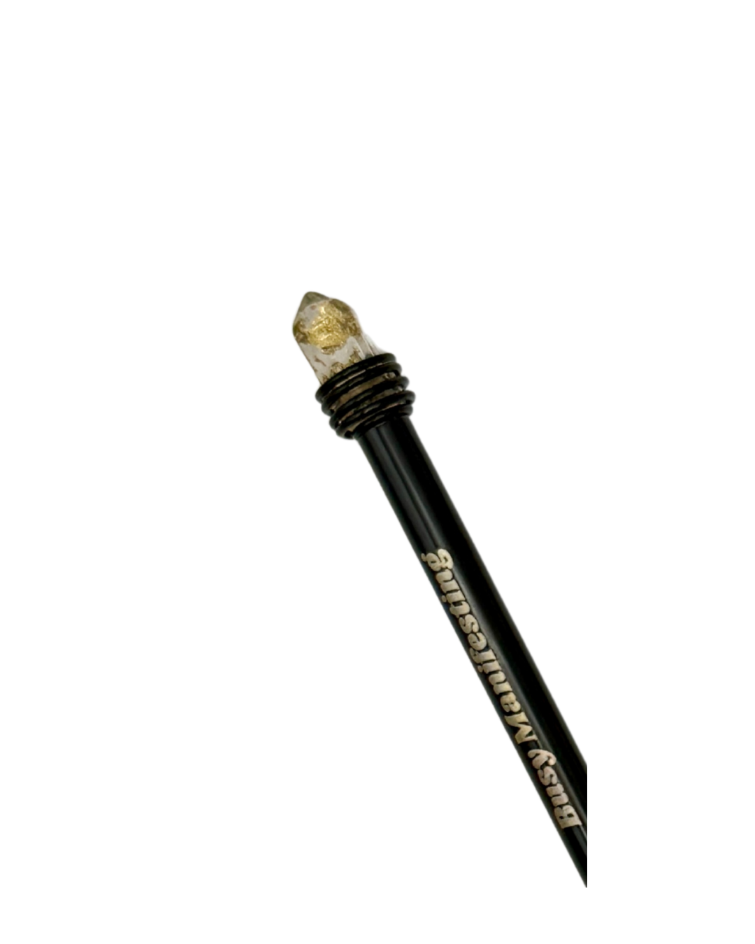 Black metallic Busy Manifesting crystal mystic pen with clear faux crystal top on white background — for Carpe Diem Dream