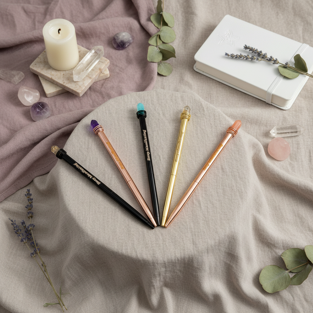 Metallic Busy Manifesting crystal mystic pens with faux crystal tops arranged in a styled flat lay with journal, candle, and soft linen background. — for Carpe Diem Dream