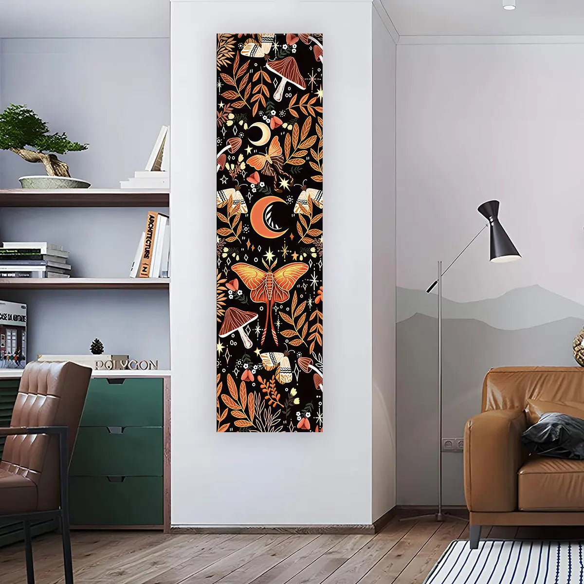 Butterfly mushroom botanical banner tapestry displayed vertically on a living room wall beside a chair and shelving, showing full length and real placement in a modern interior space. — for Carpe Diem Dream