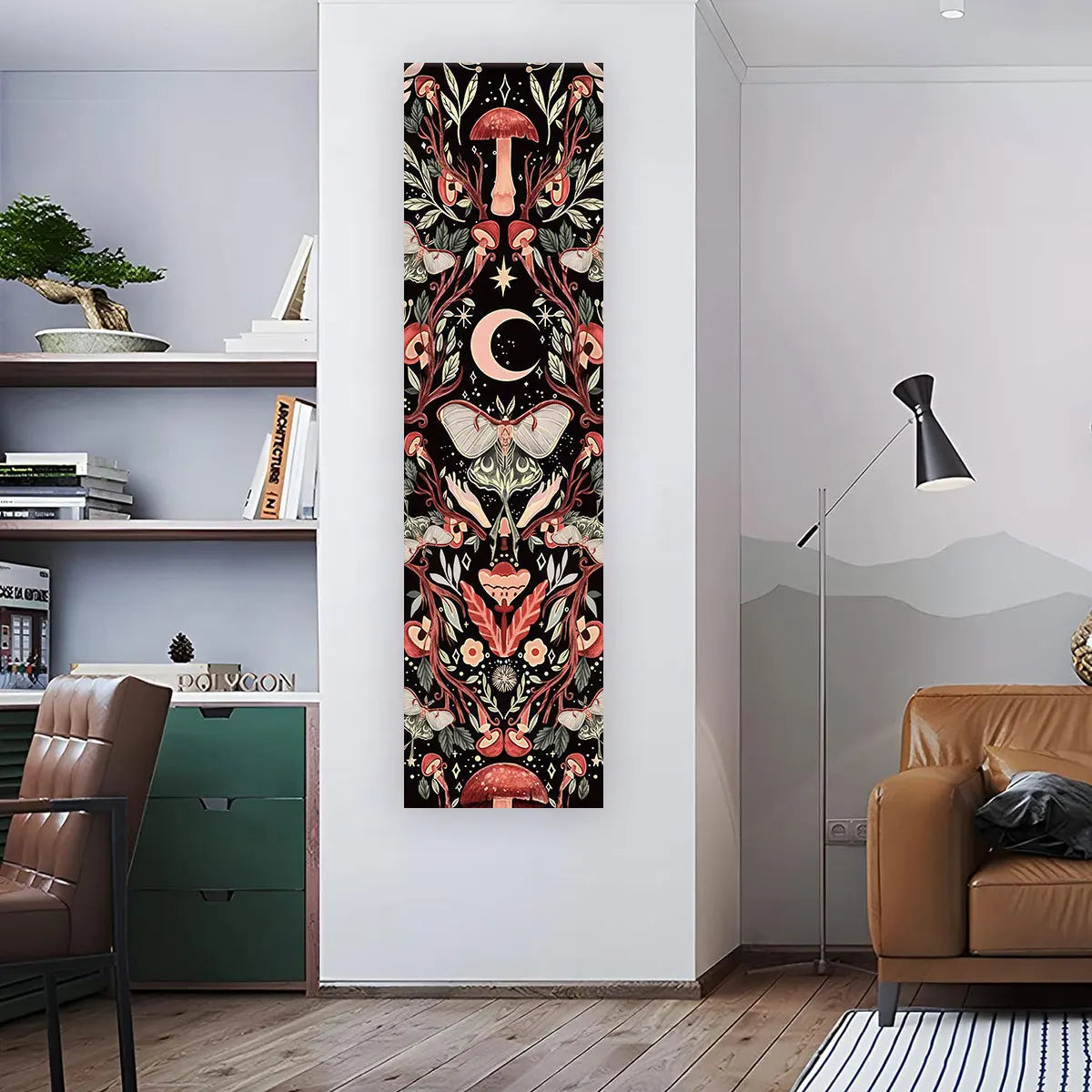 Butterfly mushroom moon banner tapestry displayed vertically on a living room wall beside a chair and shelving, showing full length and real placement in a modern interior space. — for Carpe Diem Dream