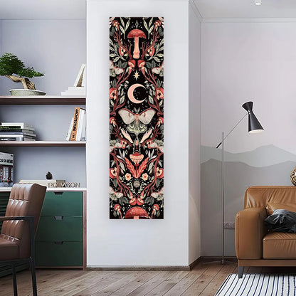 Butterfly mushroom moon banner tapestry displayed vertically on a living room wall beside a chair and shelving, showing full length and real placement in a modern interior space. — for Carpe Diem Dream