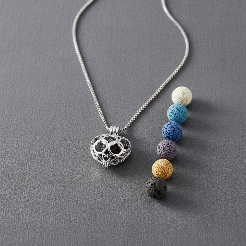 A silver heart-shaped cage diffuser necklace displayed on a gray surface with six interchangeable lava stone beads arranged beside it. — for Carpe Diem Dream