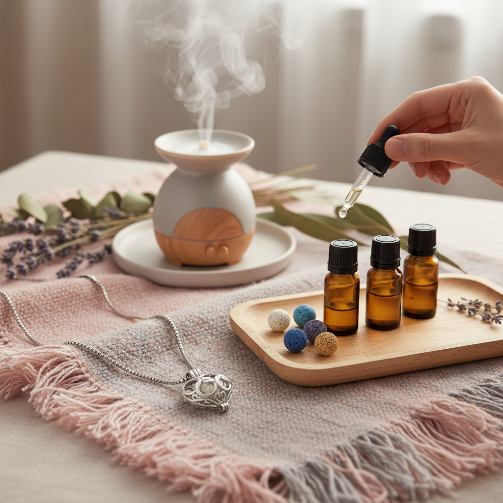 A silver heart-shaped cage diffuser necklace resting on a soft textile beside interchangeable lava stone beads, amber essential oil bottles, and a steaming diffuser. — for Carpe Diem Dream