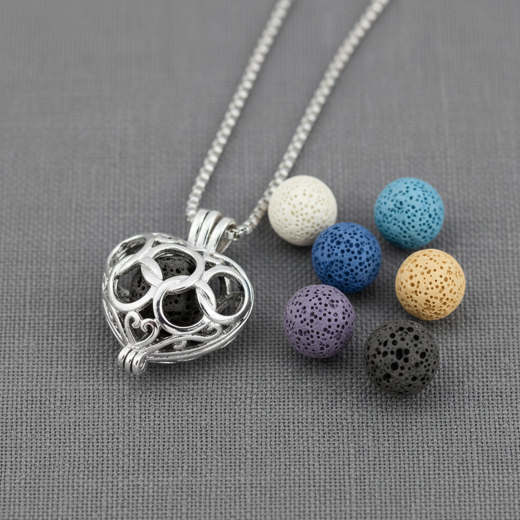 A silver heart-shaped cage diffuser necklace displayed with six interchangeable lava stone beads in assorted colors on a textured gray surface. — for Carpe Diem Dream