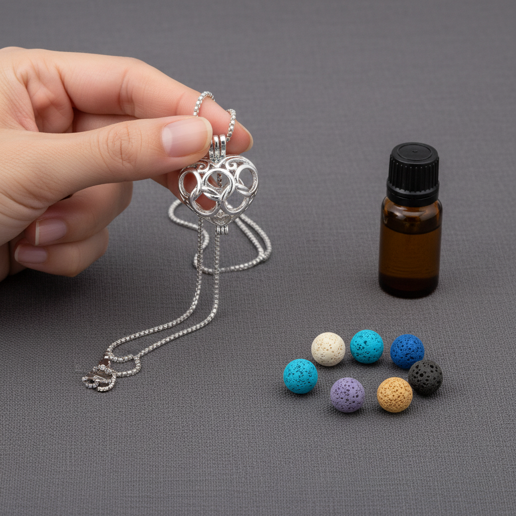 A hand holding a silver heart-shaped cage diffuser necklace beside six interchangeable lava stone beads and an amber essential oil bottle. — for Carpe Diem Dream