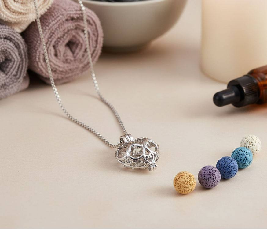 A silver heart-shaped cage diffuser necklace displayed on a soft neutral surface with six interchangeable lava stone beads, rolled towels, and an amber oil bottle. — for Carpe Diem Dream