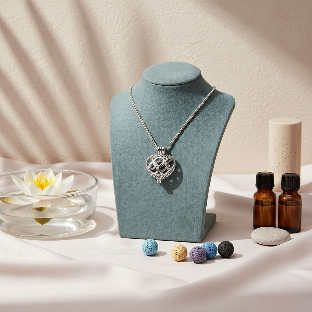 A silver heart-shaped cage diffuser necklace displayed on a teal jewelry stand with six interchangeable lava stone beads, amber oil bottles, and a lotus bowl on a soft linen background. — for Carpe Diem Dream