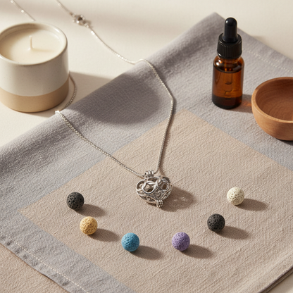A silver heart-shaped cage diffuser necklace displayed on a linen cloth with six interchangeable lava stone beads, a candle, and an amber oil bottle. — for Carpe Diem Dream